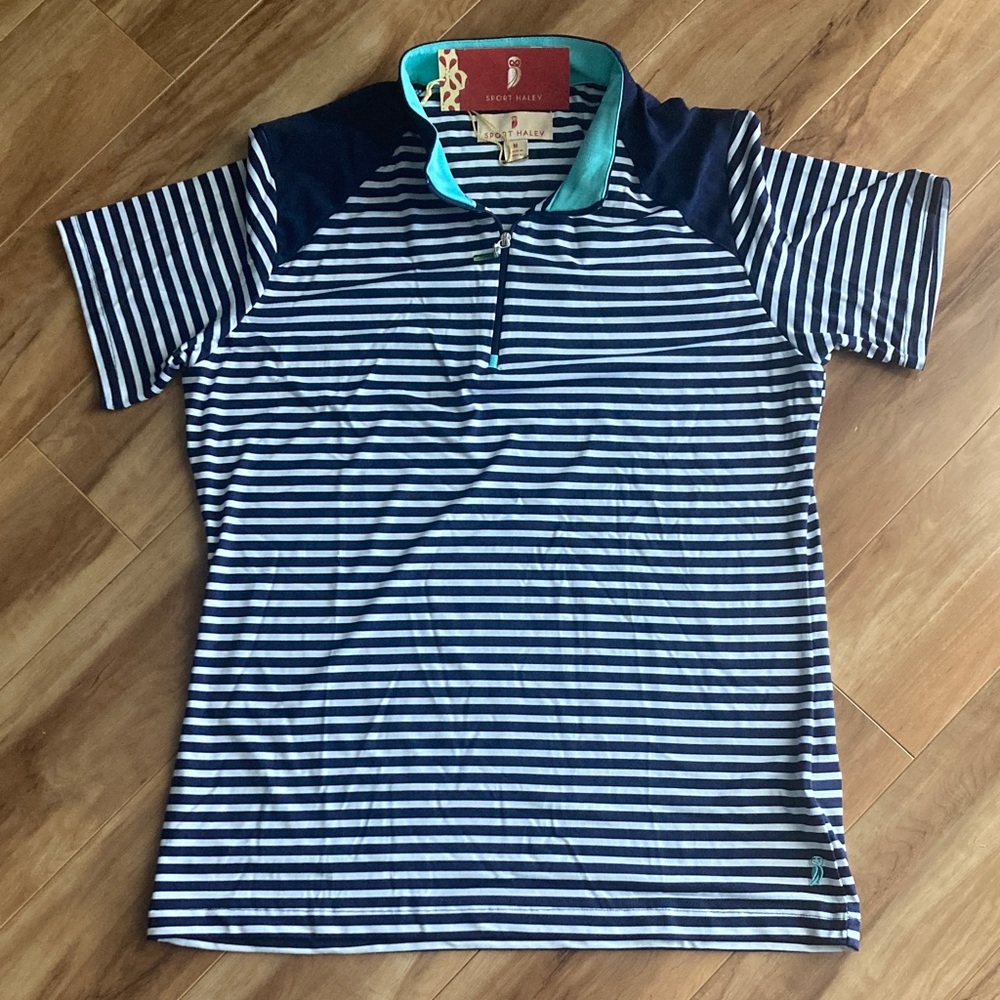 MAKE AN OFFER!
Women Sport Haley Aqua and Navy Striped Polo
Brand new!